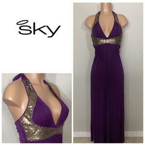 New. SKY purple halter embellished maxi dress. Small. Retails $259